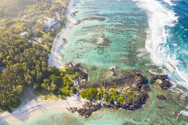 Tropical trees on white sand beach along the coral reef, aerial view, Trou d'Eau Douce, Flacq, Indian Ocean, East coast, Mauritius