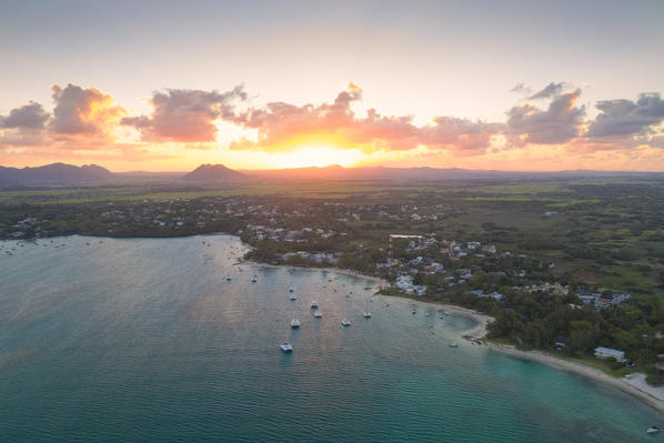 Sunset over the lagoon towards inland and mountains, aerial view, Trou d'Eau Douce, Flacq, Indian Ocean, East coast, Mauritius