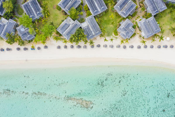 Luxury tourist resort on tropical white sand beach, aerial view, Le Morne Brabant peninsula, Black River, Indian Ocean, Mauritius