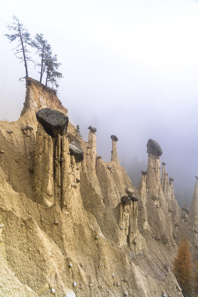 Autumn mist over the Earth Pyramids natural monument in Perca/Percha, province of Bolzano, South Tyrol, Italy