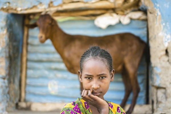 Headshot portrait of child girl with traditional braids, Abala, Afar Region, Ethiopia, Africa