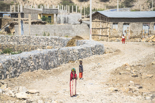 Children with traditional clothing in the street of Abala village, Afar Region, Ethiopia, Africa