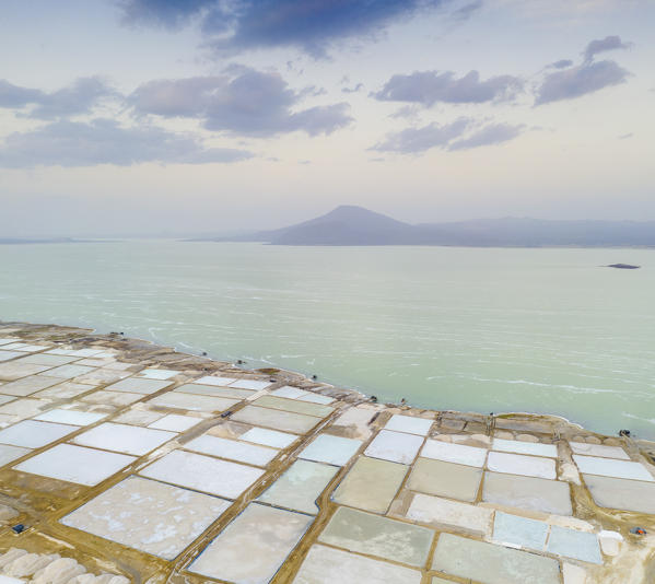 Aerial panoramic of Lake Afrera (or Lake Afdera) and salt flats, Danakil Depression, Afar Region, Ethiopia, Africa