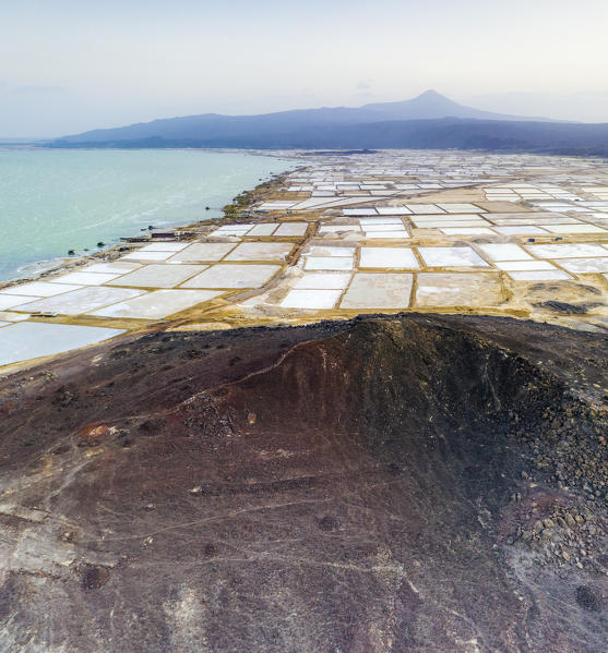 Salt flat mines and Lake Afrera (or Lake Afdera), aerial view, Danakil Depression, Afar Region, Ethiopia, Africa