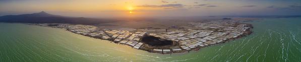 Panoramic of sunset over salt mines and Lake Afrera, aerial view, Danakil Depression, Afar Region, Ethiopia, Africa