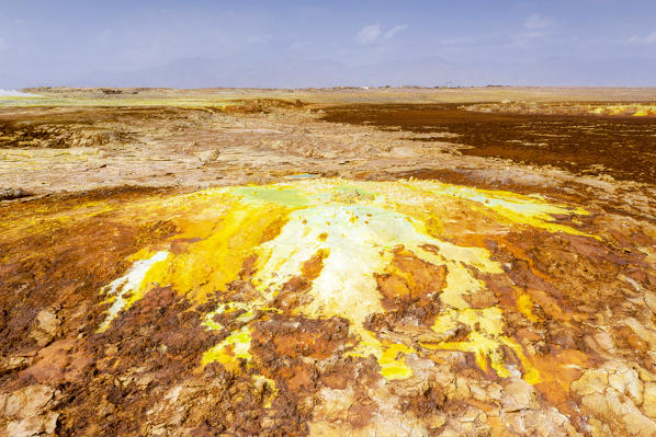 Sulphure acid on rocks in the volcanic area of Dallol, Danakil Depression, Afar Region, Ethiopia, Africa