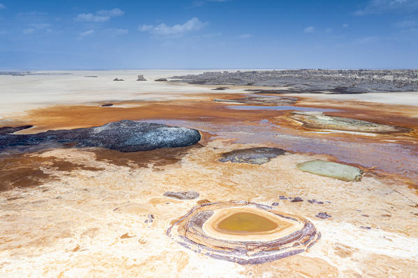 Aerial view of geological ponds in salt pan, Danakil Depression, Afar Region, Ethiopia, Africa