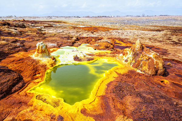Aerial view of sulfur ponds, Dallol, Danakil Depression, Afar Region, Ethiopia, Africa