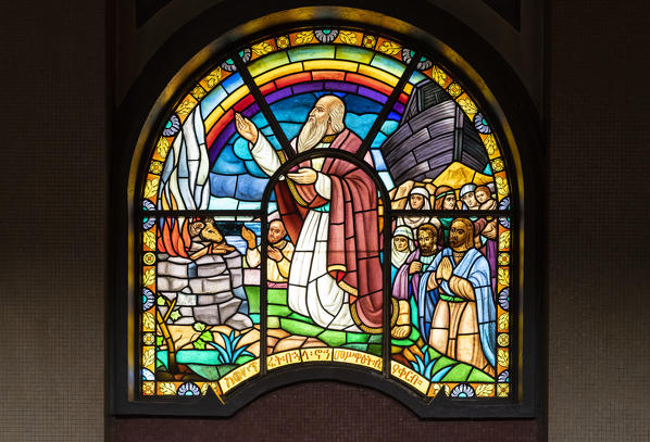 Religious stained glass windows inside the Holy Trinity Cathedral, Addis Ababa, Ethiopia, Africa