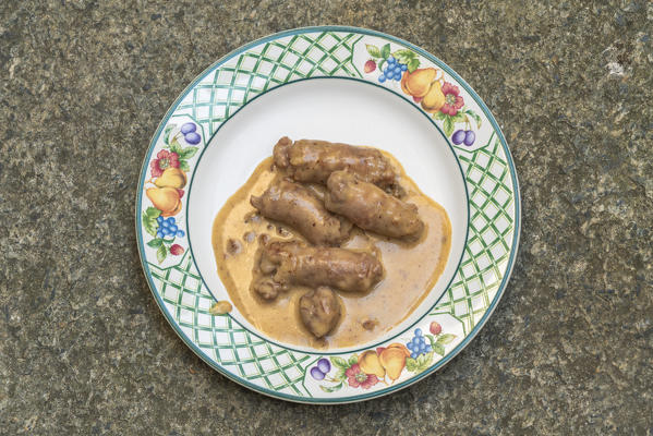 High angle view of dish with stewed sausage with dressing sauce, Valtellina, Sondrio province, Lombardy, Italy
