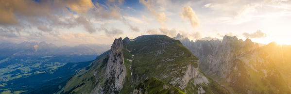 Panoramic of Santis and Saxer Lucke at sunset, aerial view, Appenzell Canton, Alpstein Range, Switzerland