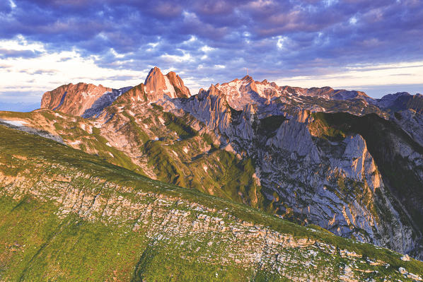 Clouds at dawn on rocky peaks of Santis and Saxer Lucke mountains, Appenzell Canton, Alpstein Range, Switzerland