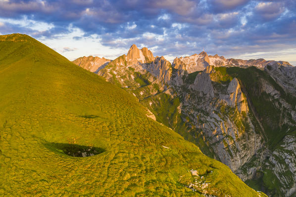Santis mountain at sunrise during summer, Appenzell Canton, Alpstein Range, Switzerland