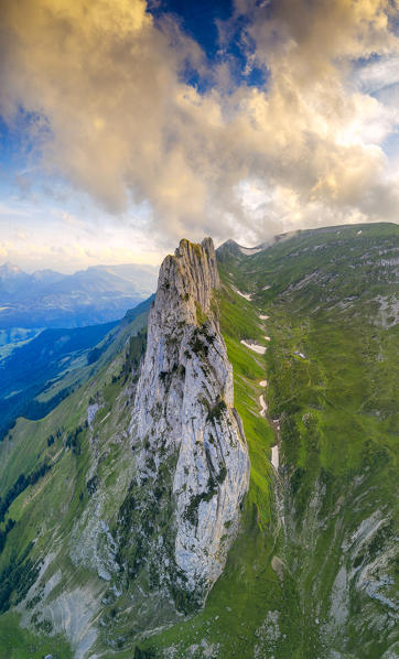 Aerial panoramic of Saxer Lucke at sunset, Appenzell Canton, Alpstein Range, Switzerland