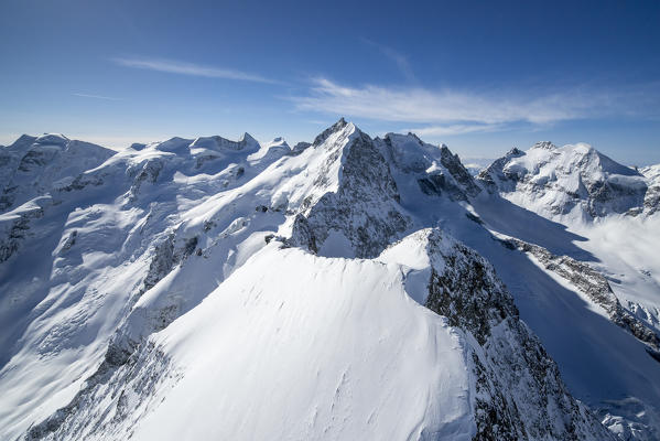 aerial view of Piz Morterasch and Pizzo Bernina and Bellaviste. Engadine, Canton Grigioni, Switzerland.