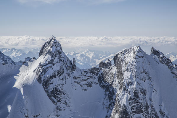 Air view of the peaks of Torrone in winter, Valle del Forno, Maloja pass, Engadine, Canton Grigioni, Switzerland.