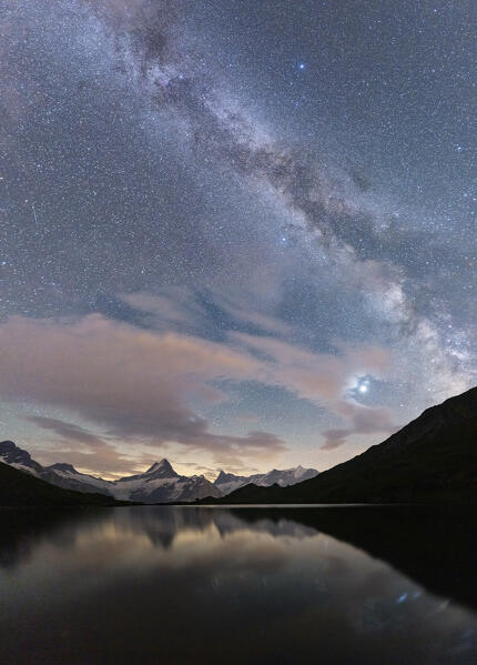 Milky Way in the starry sky over Bachalpsee lake, Grindelwald, Jungfrau Region, Bernese Oberland, Canton of Bern, Switzerland