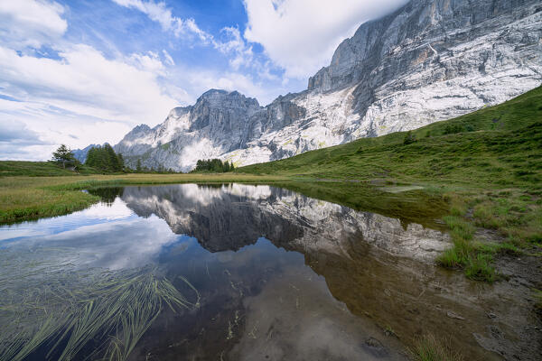 Wellhorn mountain reflected in the alpine lake at Grosse Scheidegg Pass, Grindelwald, Bernese Alps, Canton of Bern, Switzerland