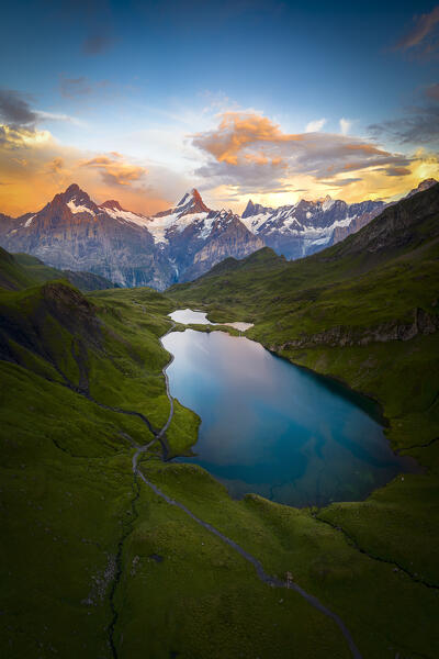 Wetterhorn, Schreckhorn, Finsteraarhorn at sunset from Bachalpsee lake, aerial view, Bernese Oberland, Switzerland