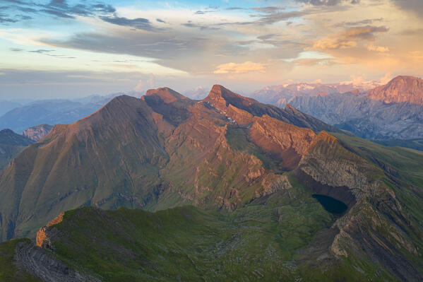 Aerial view of Garstenhorn, Wildgarst and Schwarzhorn mountains at sunset, Grindelwald, Bern Canton, Switzerland