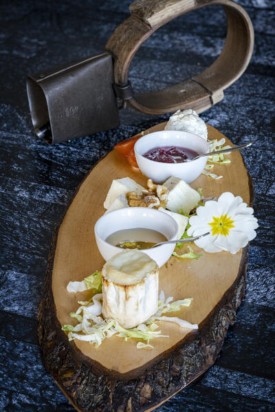 Italian goat cheese served with fruit jam and honey on wood chopping board
