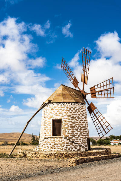 Old windmill made of stone and wood, Tefia, Fuerteventura, Canary Islands, Spain