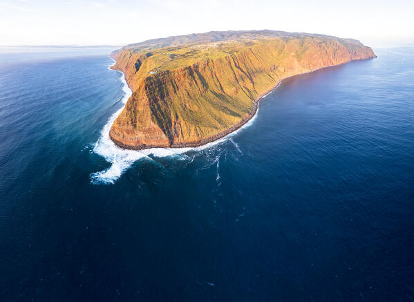 Aerial panoramic of high cliffs at Ponta Do Pargo and southwest coast of Madeira island, Portugal