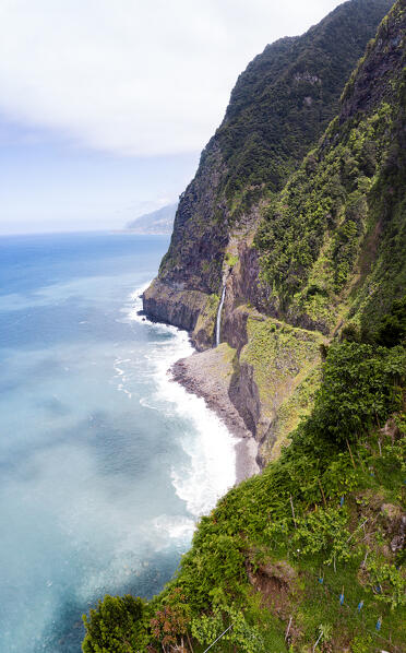 Waterfall Bridal Veil from Veu da Noiva viewpoint, Seixal, Madeira island, Portugal