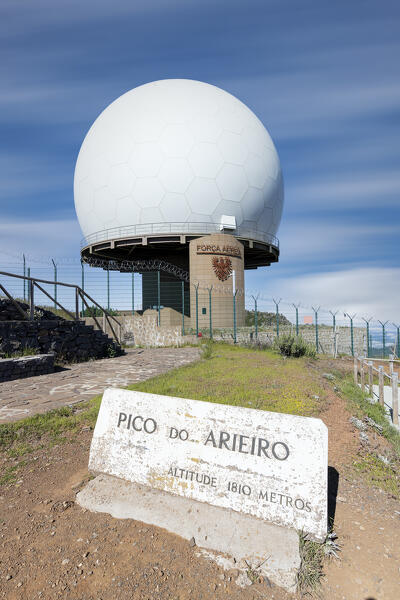 Placard and radar station on top of Pico do Arieiro mountain, Madeira, Portugal