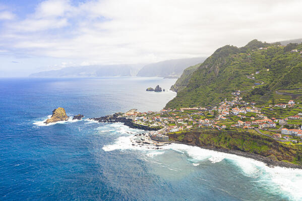 Aerial view of the seaside town and natural pools of Porto Moniz, Madeira island, Portugal