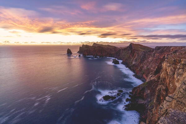 Ocean at sunrise view from cliffs at Ponta Do Rosto viewpoint, Sao Lourenco Peninsula, Canical, Madeira island, Portugal