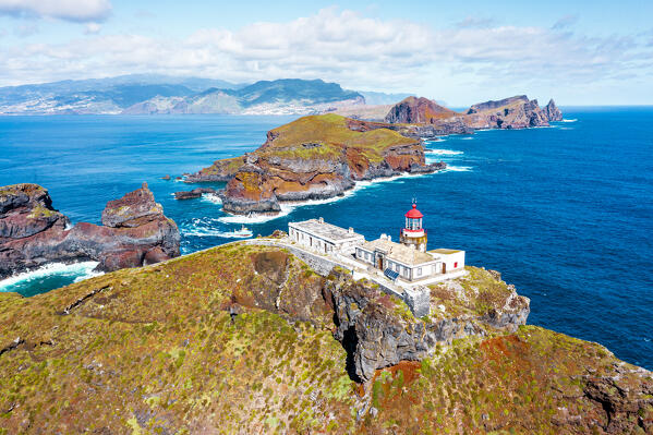Aerial view of the old lighthouse on top of extinct volcano, Sao Lourenco Peninsula, Canical, Madeira island, Portugal