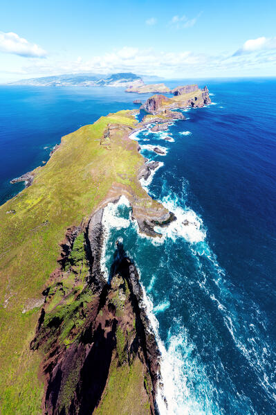 Aerial panoramic view of the rocky coastline of Sao Lourenco Peninsula, Canical, Madeira island, Portugal