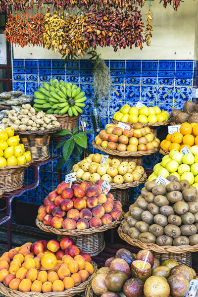 Exotic fruit in straw basket, Mercado dos Lavradores (Farmers' Market), Funchal, Madeira island, Portugal