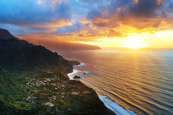 Aerial view of Arco de Sao Jorge and Ponta Delgada at sunset, north coast of Madeira island, Portugal