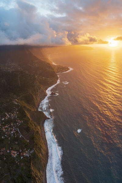 Aerial panoramic of the north coast with Arco de Sao Jorge and Ponta Delgada perched on cliffs, Madeira island, Portugal