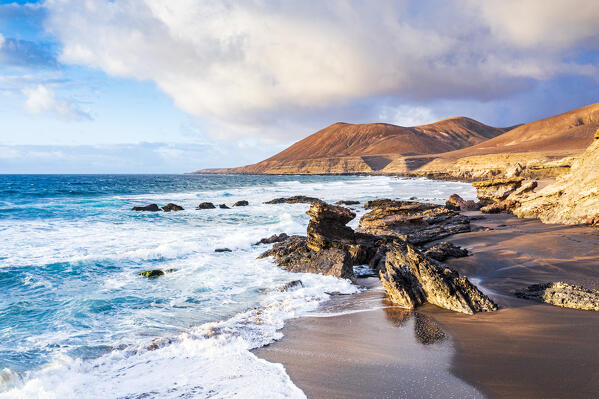 Sand beach Playa de la Solapa at sunset, Atlantic Ocean, Pajara, Fuerteventura, Canary Islands, Spain