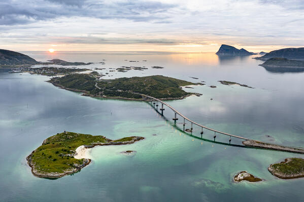 Aerial view of Sommaroy island and bridge at sunset, Sommaroy, Troms county, Northern Norway