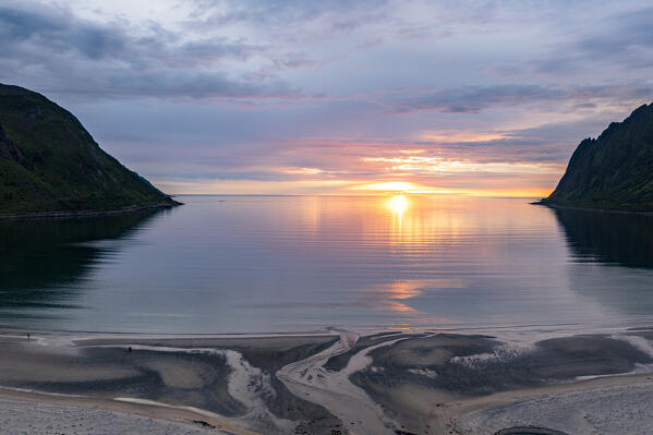 Aerial view of sand beach lit by the lights of midnight sun, Ersfjord, Senja, Troms county, Norway
