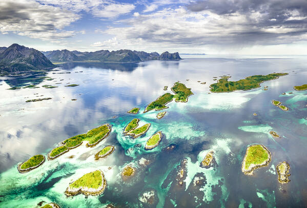 Small idyllic islands of Bergsoyan along the fjord, aerial view, Hamn I Senja, Skaland, Senja, Troms county, Norway