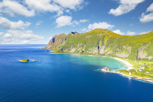 Aerial view of Bergsoyan Islands and white sand of Bostrand beach, Skaland, Senja, Troms county, Norway