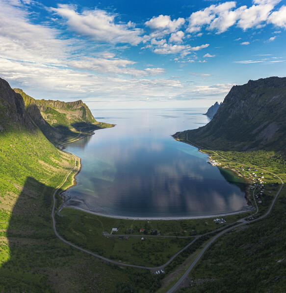 Aerial view of Steinfjord and mountains in summer, Senja, Troms county, Norway