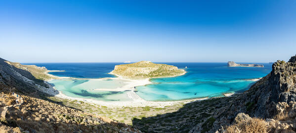 Panoramic view of Balos beach and lagoon washed by the turquoise crystal sea, Crete island, Greece