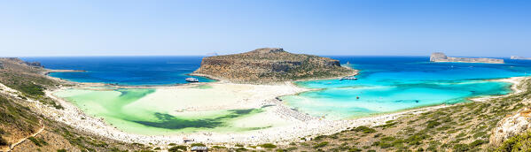 Aerial view of emerald green water of Balos lagoon and turquoise sea, Crete island, Greece