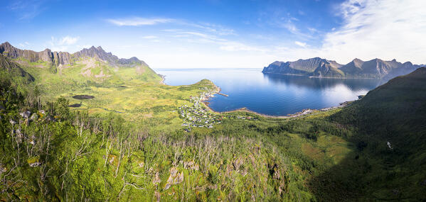 Aerial view of the coastal village of Mefjordvaer and fjord in summer, Senja island, Troms county, Norway