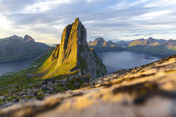 Segla mountain and fjords lit by sunrise, Senja island, Troms county, Norway