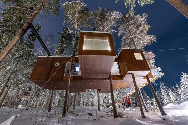 Wood cottage with large panoramic windows set among trees of  forest covered with snow, Tree hotel, Harads, Lapland, Sweden
