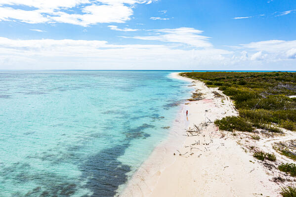 Aerial view of woman with bikini walking on tropical beach, Barbuda, Antigua & Barbuda, Leeward Islands, Caribbean, West Indies
