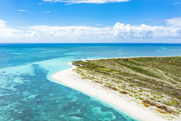 Aerial view of fine sand of the idyllic 11 Mile Beach washed by Caribbean sea, Barbuda, Antigua & Barbuda, West Indies