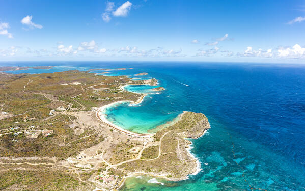 Crystal clear water of Caribbean Sea washing the fine sand beach at Half Moon Bay, overhead view, Antigua, Caribbean, West Indies